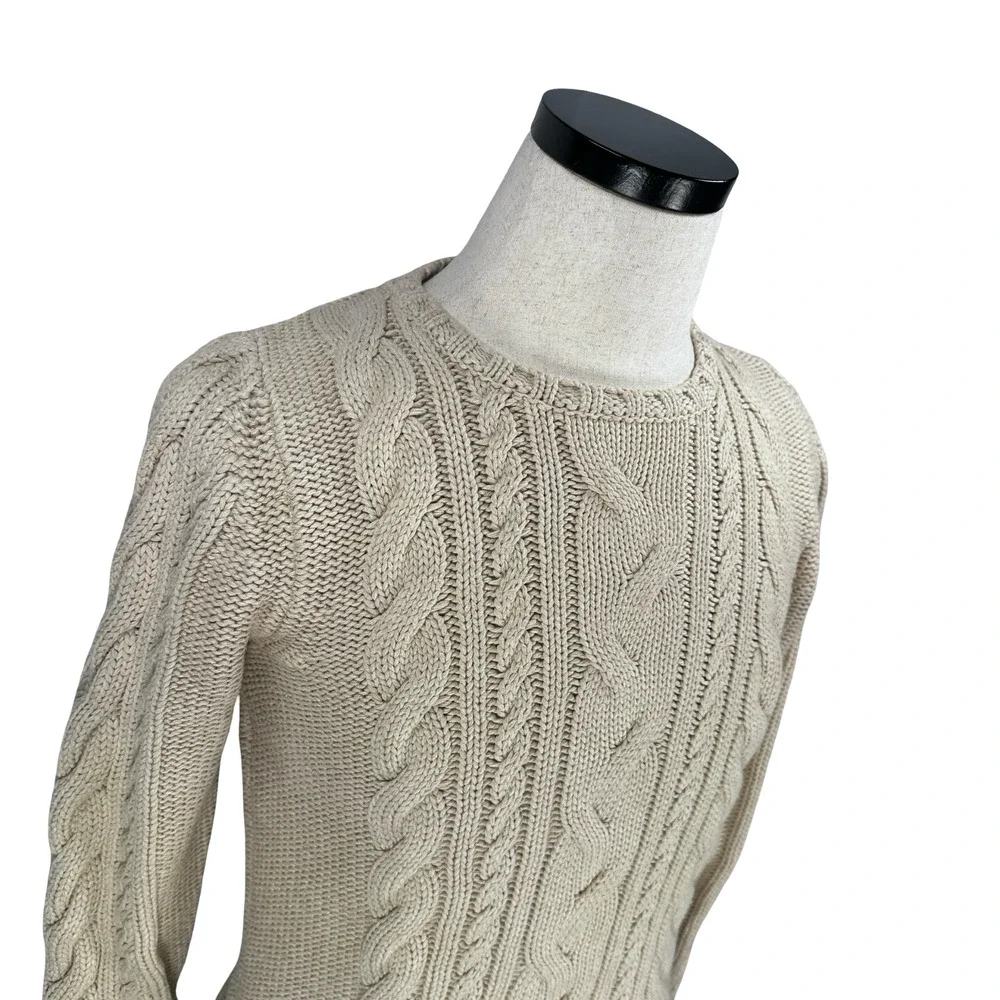 LL Bean Cable‎ Knit Sweater Women’s Medium Beige Tan Cotton Long Sleeve Pullover